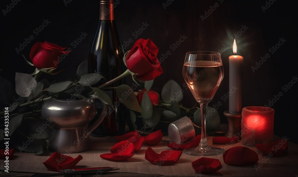  a table topped with a glass of wine and a bottle of wine next to a candle and a rose on a table clo