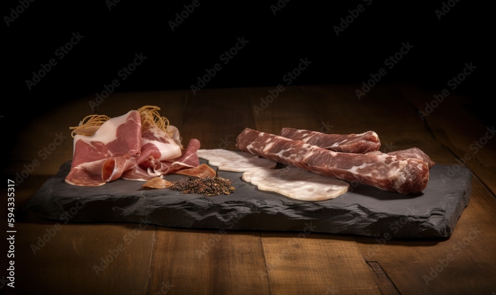  some meats are laying on a black cloth on a wooden table with a black cloth around them and a bag o