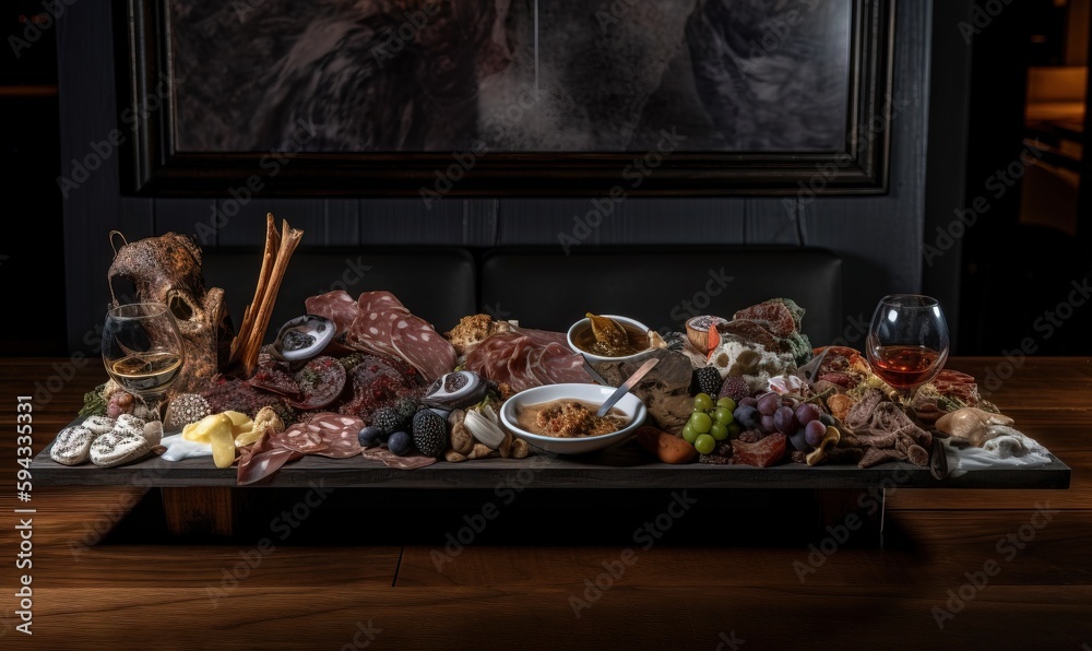  a table topped with lots of food and a glass of wine next to it on top of a wooden table next to a 