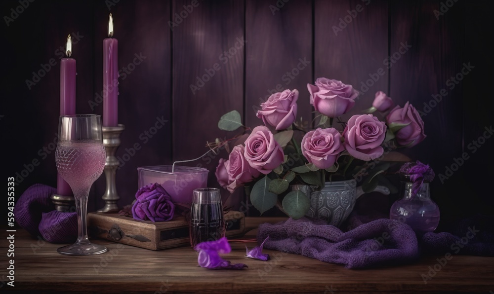  a table topped with a vase filled with pink roses and candles next to a candle holder and a glass o