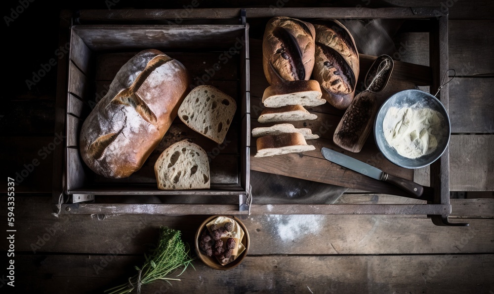  a wooden box filled with bread and other food on top of a wooden table next to a bowl of cream chee