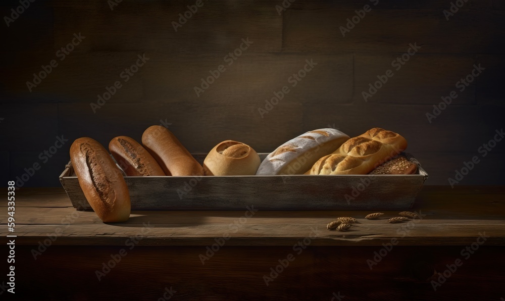  a basket filled with bread and buns on top of a wooden table next to a bottle of wine and a bottle 