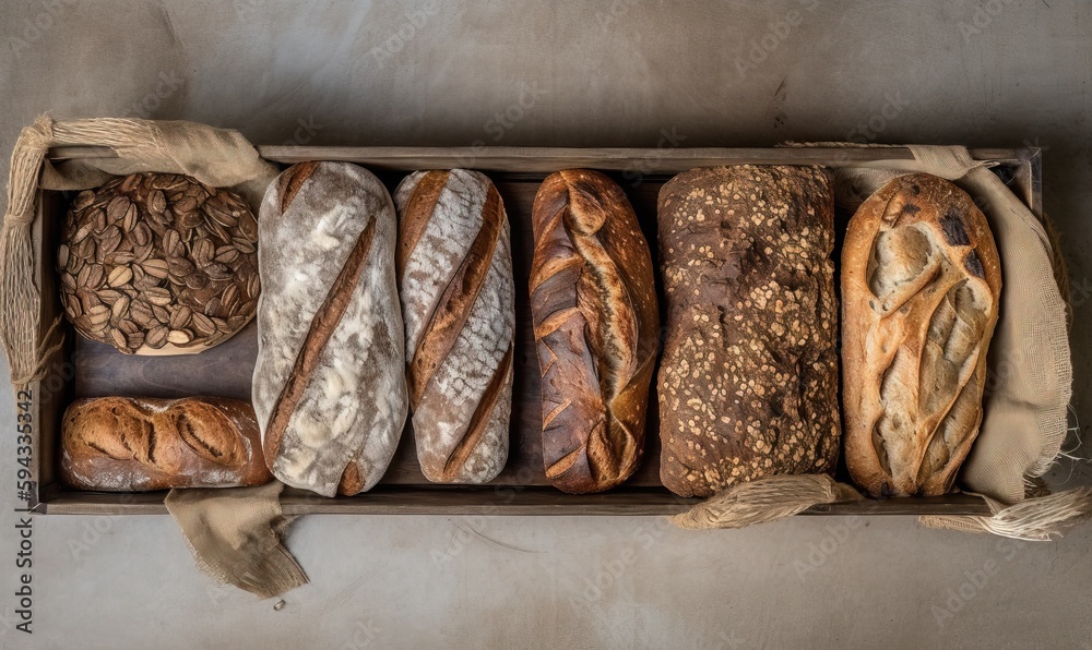  a box filled with loaves of bread and a bag of bread in the middle of the box is a loaf of loaves o