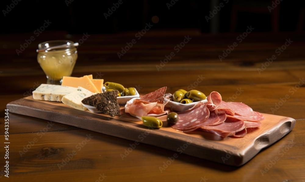  a wooden cutting board topped with different types of meats and cheeses next to a glass of olives a