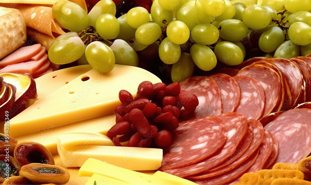  a variety of cheeses, meats, and grapes are arranged on a platter with grapes and cheeses on the si