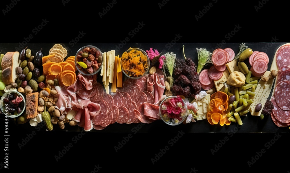  a large assortment of meats and cheeses on a black background with a black border around it and a b