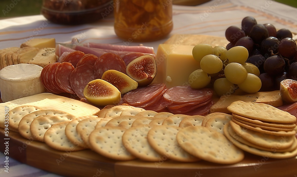  a platter of cheese, crackers, figs, grapes, and ham on a tablecloth with a jar of honey in the bac