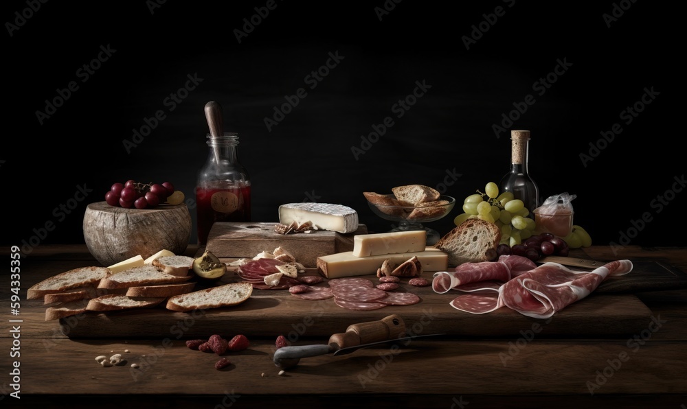  a wooden cutting board topped with cheese and meats next to a bottle of wine and a glass of wine an