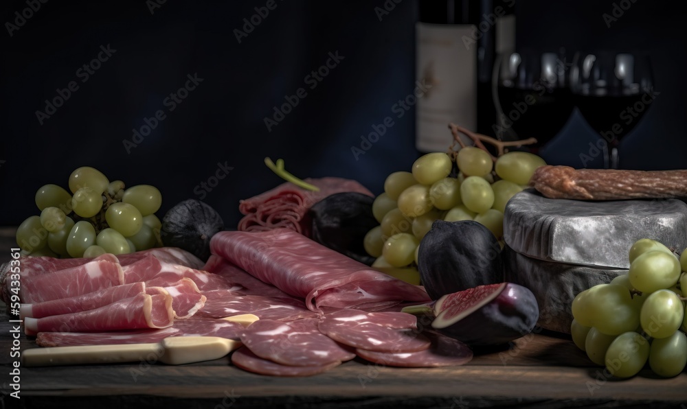  a table topped with lots of different types of meats and grapes next to a bottle of wine and two gl