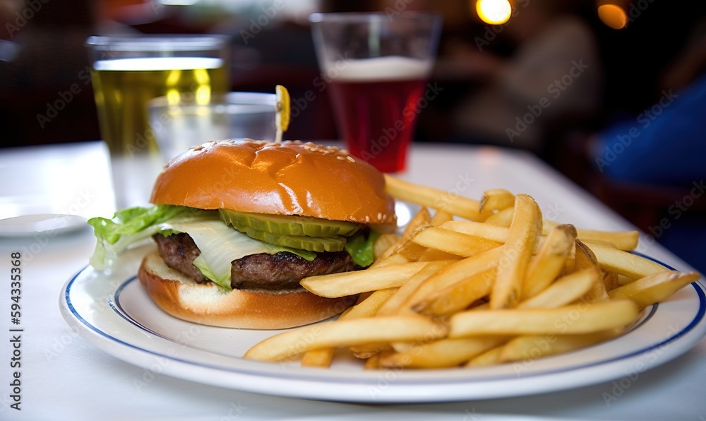  a hamburger and french fries on a plate with a glass of beer in the backgroung of the plate and a s