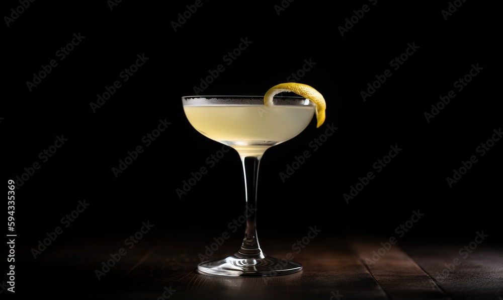  a glass filled with a drink on top of a wooden table next to a black background with a lemon slice 