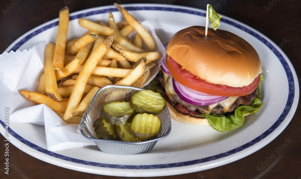  a plate with a hamburger, pickles, and a side of fries on a plate with a napkin on the side of the 