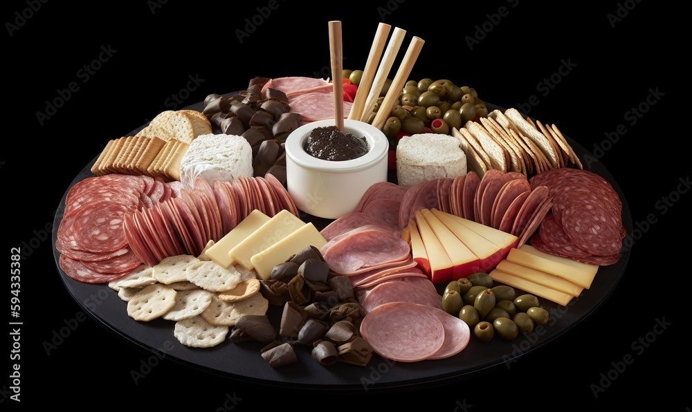  a platter of meats, cheeses, crackers, and olives with a dip in a small white bowl on top.  generat