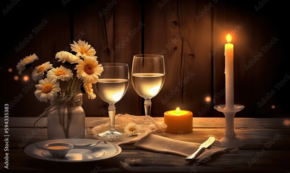  a table topped with a vase filled with flowers next to a candle and a plate with a glass of wine an