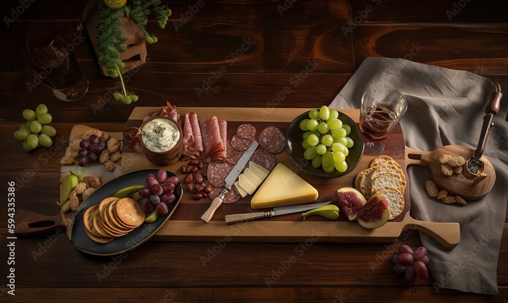  a wooden table topped with cheese, crackers, and other foods and veggies on a cutting board next to