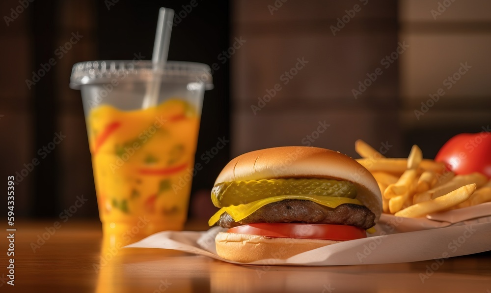  a hamburger and french fries are on a table next to a cup of juice and a straw of orange juice and 