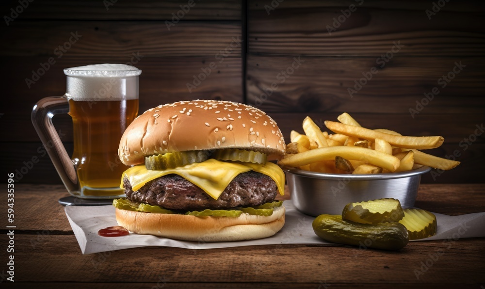  a hamburger with cheese and pickles next to a cup of beer and a pickle on a napkin next to a cup of