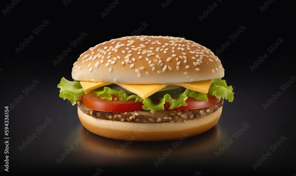  a cheeseburger with lettuce, tomato, and cheese on a black background with a black background and a