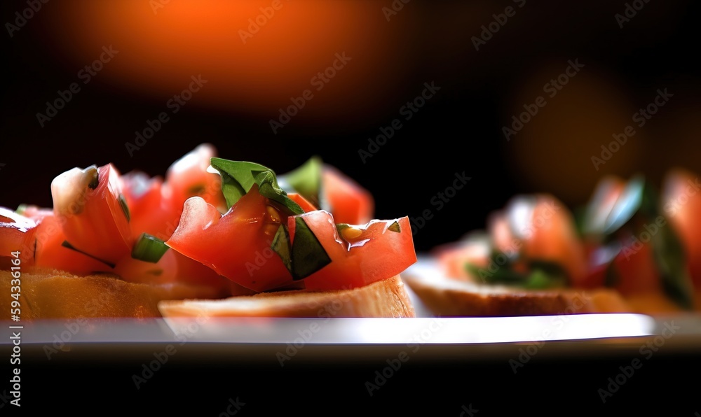  a close up of a plate of food with tomatoes and other food items on top of it and a blurry backgrou