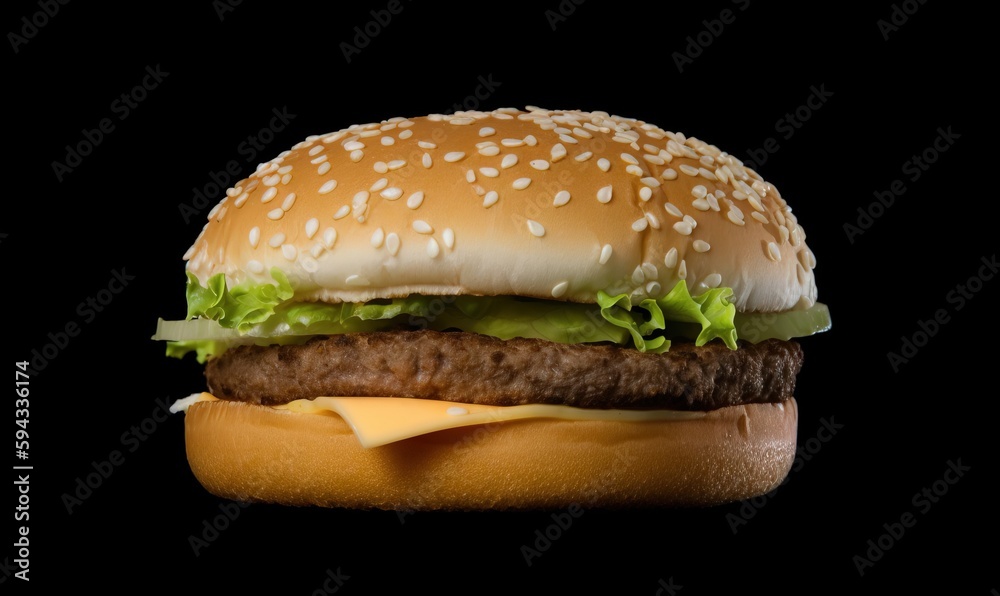  a hamburger with cheese and lettuce on a black background with a bite taken out of the bun and a bl