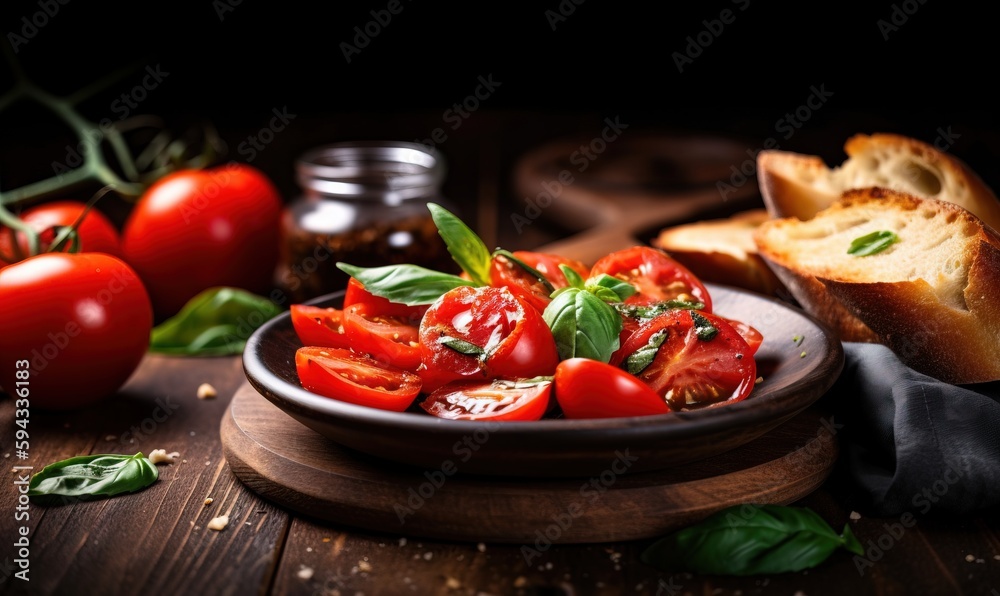  a plate of tomatoes and bread on a wooden table next to a glass of wine and a jar of olive oil and 