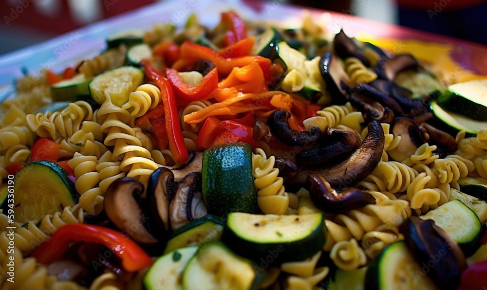  a colorful plate of pasta with vegetables and sauce on top of the pasta is ready to be eaten to the