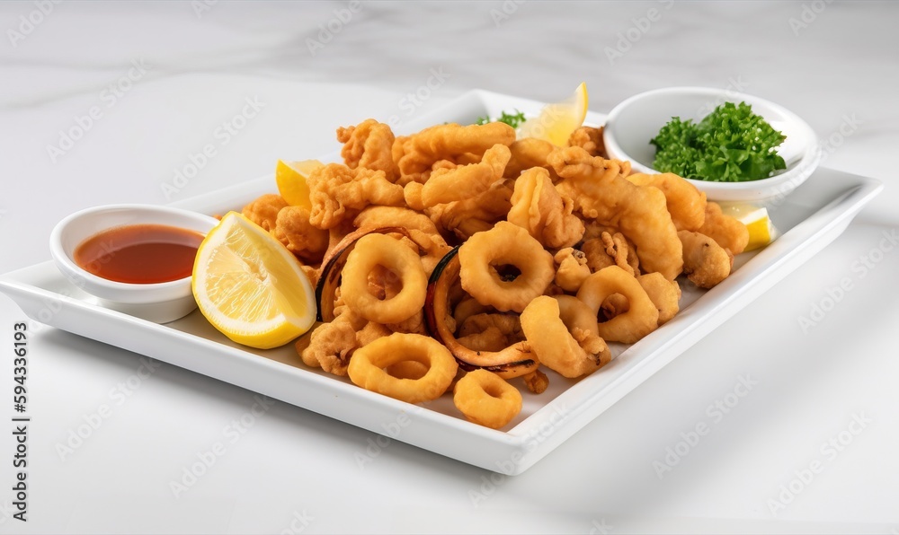  a white plate topped with fried food next to a bowl of sauce and a lemon wedge on a white tableclot