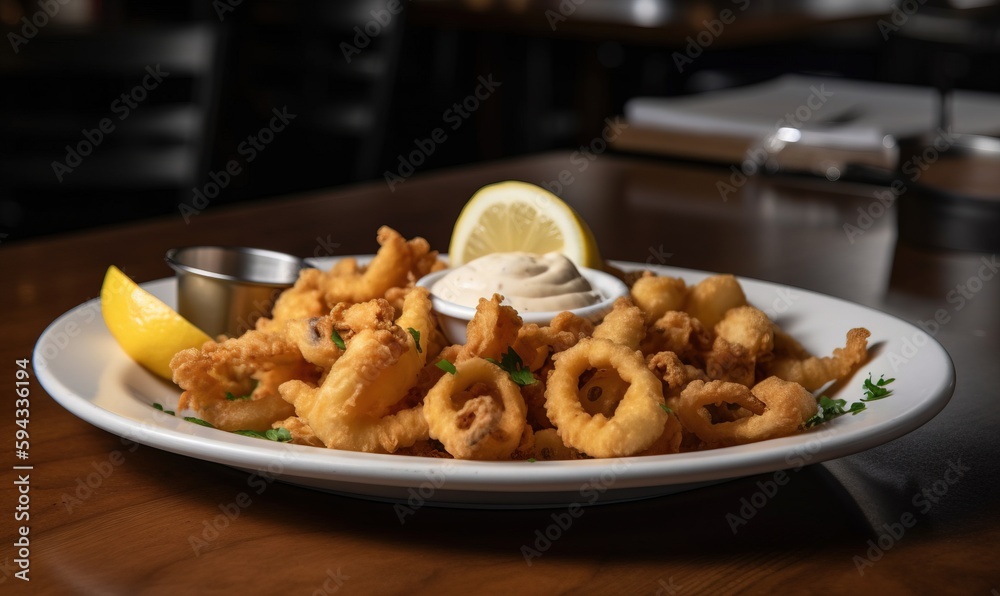  a plate of onion rings with a lemon wedge and a small bowl of dipping sauce on the side of the plat