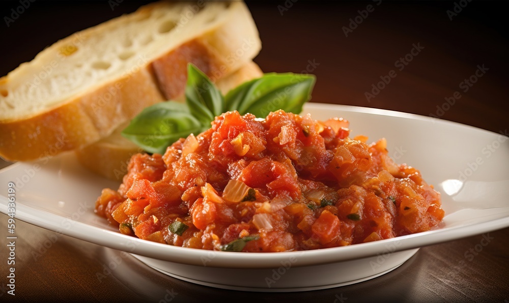  a plate of food with bread on the side and a piece of bread on the side of the plate with basil on 