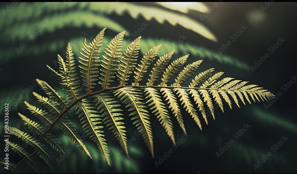  a close up of a fern leaf with a blurry background of the leaves in the foreground and the sun shin