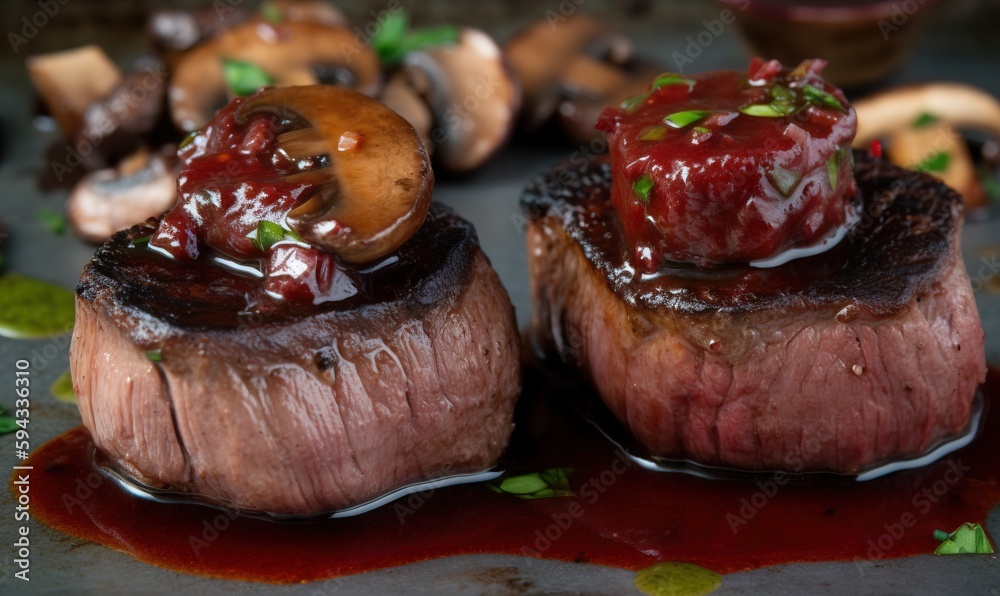  a close up of a plate of food with mushrooms and sauce on top of it and sauce on the top of the ste