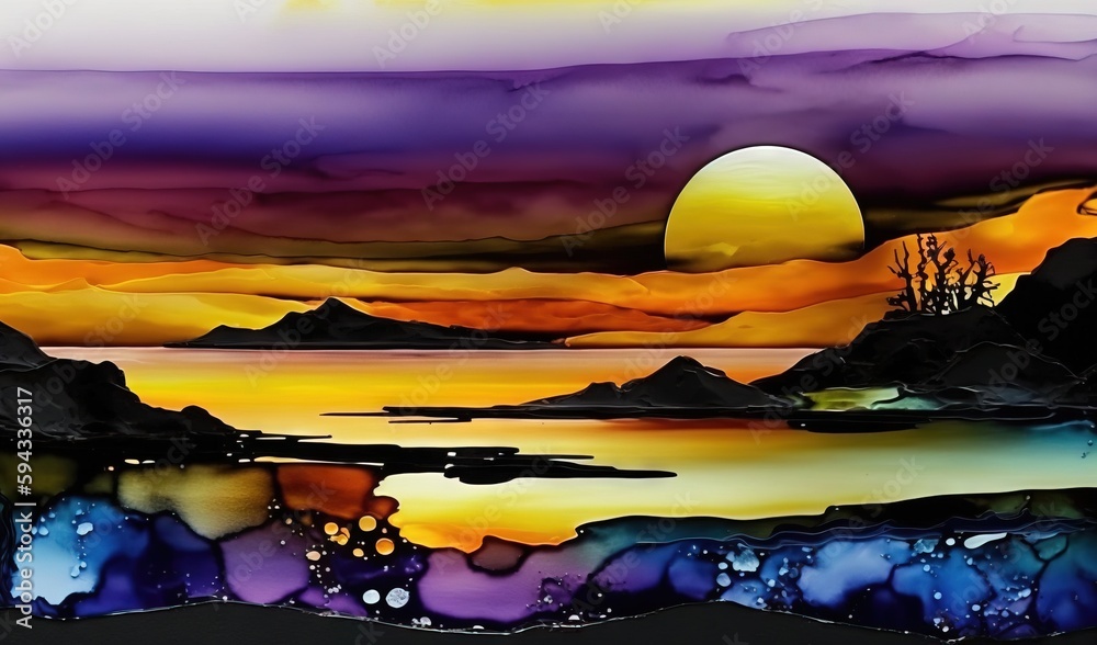  a painting of a sunset over a body of water with mountains in the distance and a full moon in the s