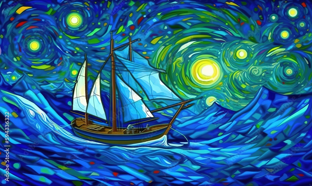  a painting of a sailboat floating in the ocean with a starry night sky in the background and a full