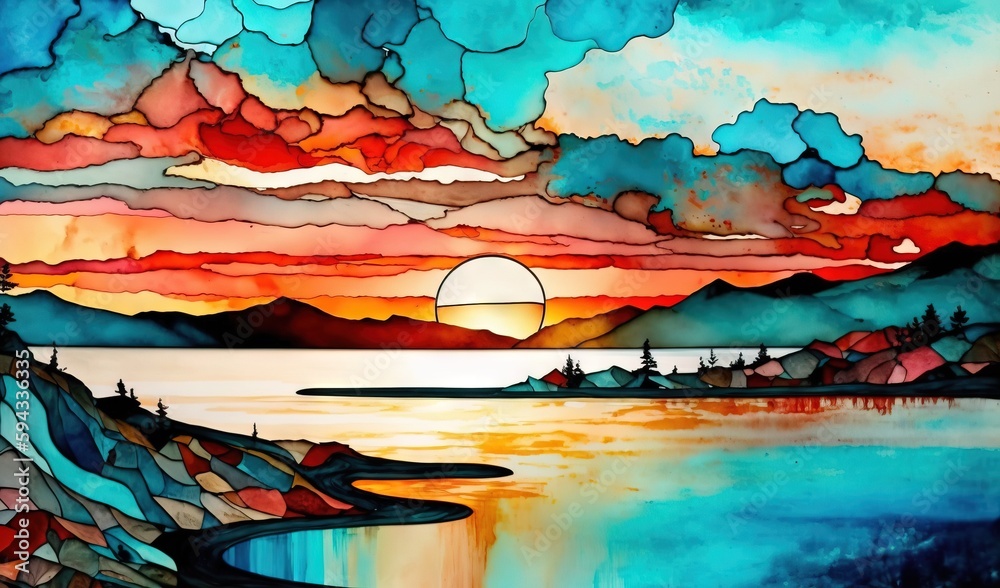  a painting of a sunset over a lake with mountains in the background and a sky filled with clouds an