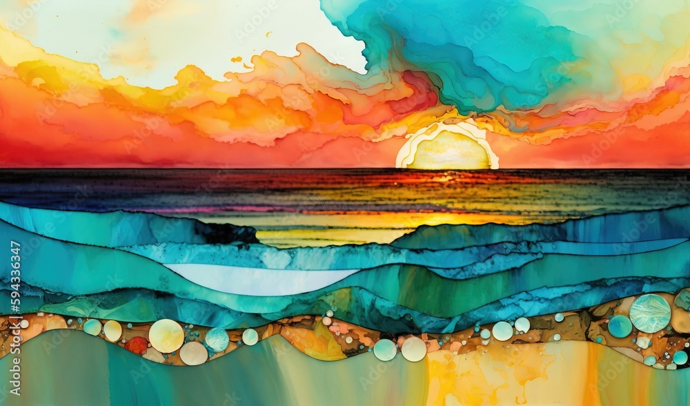  a painting of a sunset over a body of water with rocks and pebbles on the shore and the sun in the 