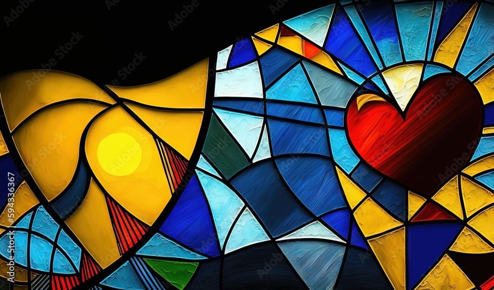  a painting of a red heart surrounded by blue, yellow, and red shapes and lines of glass on a black 