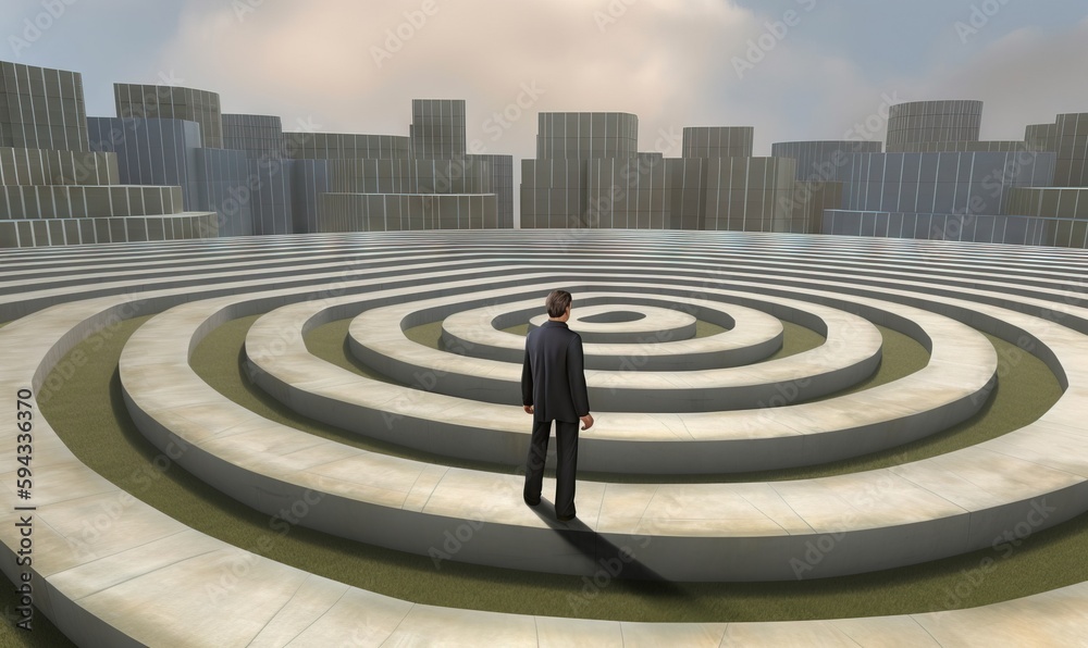  a man standing in front of a maze in the middle of a city with skyscrapers in the background and cl