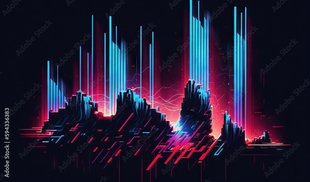  a futuristic cityscape with neon lines and a dark background with a red and blue light coming from 