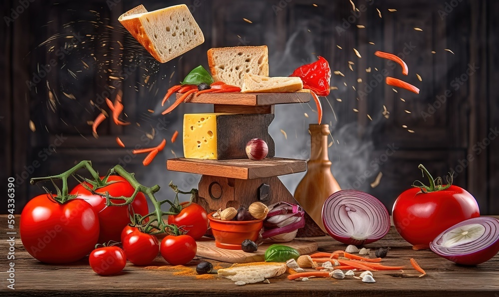  a painting of a tower of food with tomatoes, onions, cheese, bread, garlic, garlic bread, tomatoes,