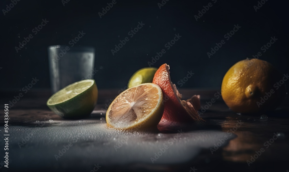  a glass of water next to a lemon, orange, and grapefruit on a table with other fruit on the table a