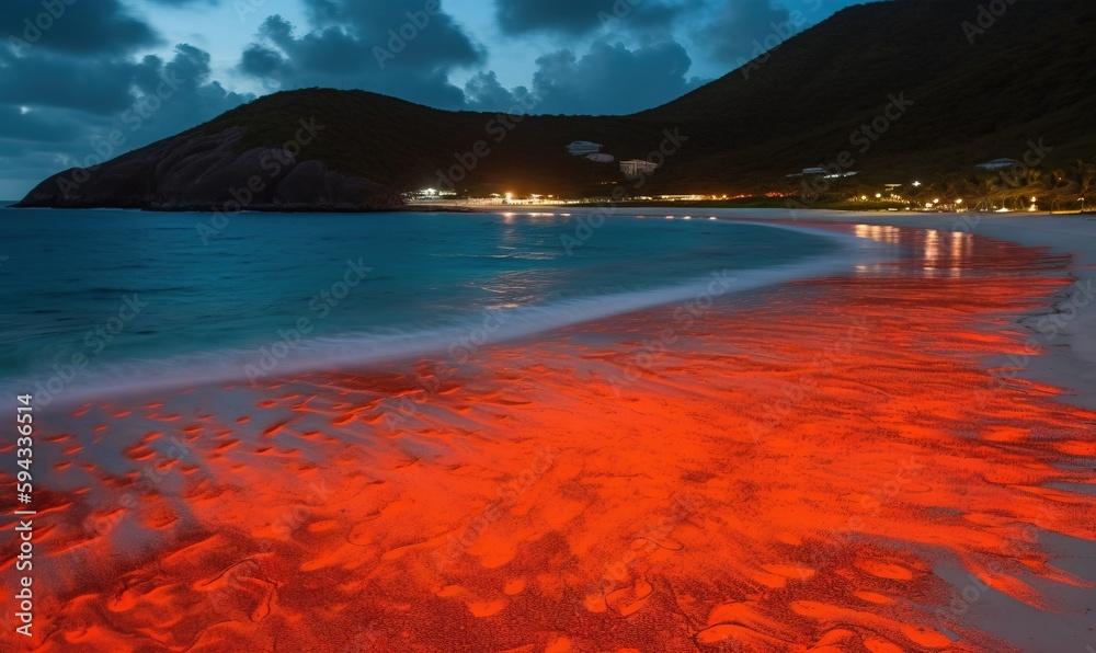  a beach that has a lot of sand on it and a hill in the background with a light house in the distanc