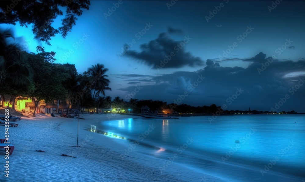  a beach at night with a row of benches on the shore and a row of palm trees on the shore of the bea