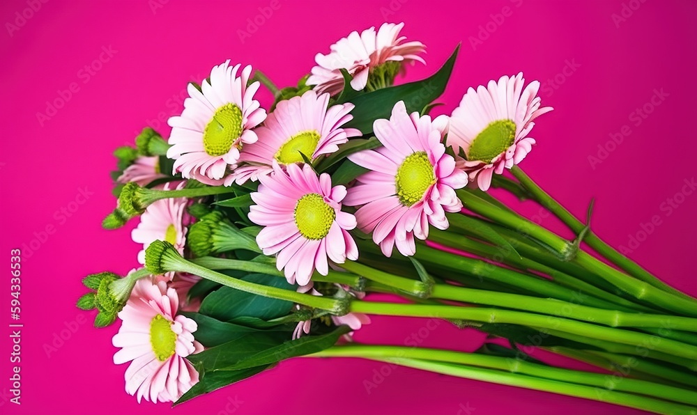  a bouquet of pink flowers on a pink background with green stems and leaves in the center of the bou