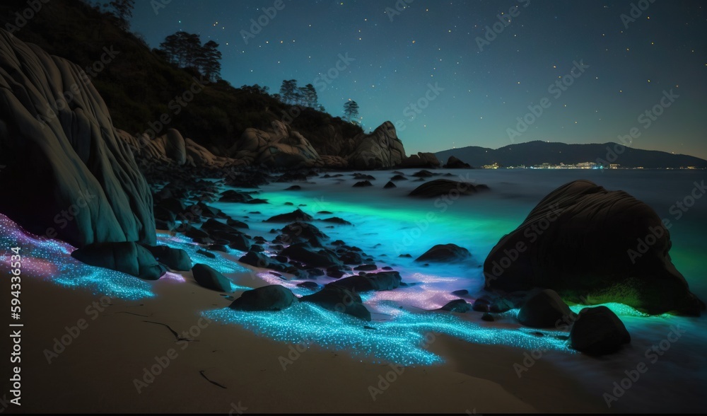  a beach covered in rocks and water under a sky filled with stars and a green and blue light shining