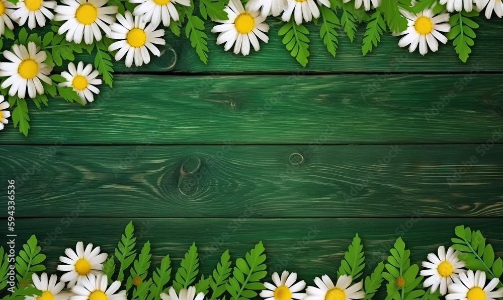  a green wood background with daisies and leaves on the bottom of the image and a yellow center in t