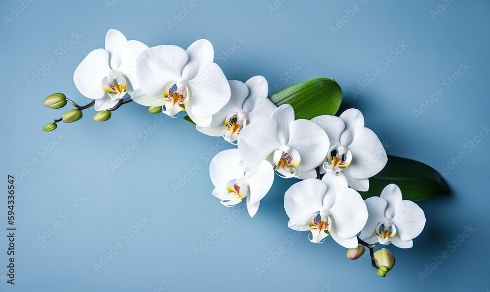  white orchids with green leaves on a blue background with copy - up space for text or image with co