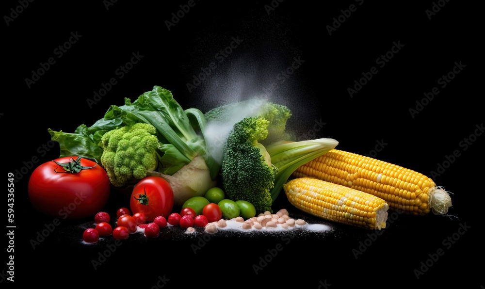  a bunch of vegetables that are on a black surface with steam coming out of the top of the heads of 