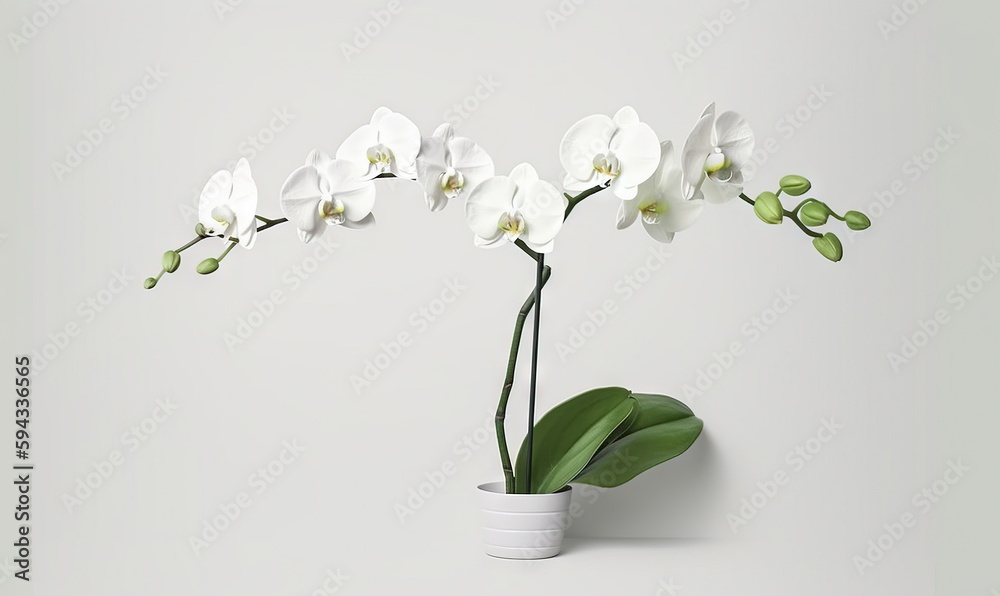  a white flower in a white vase on a white surface with a green leafy plant in the middle of the vas