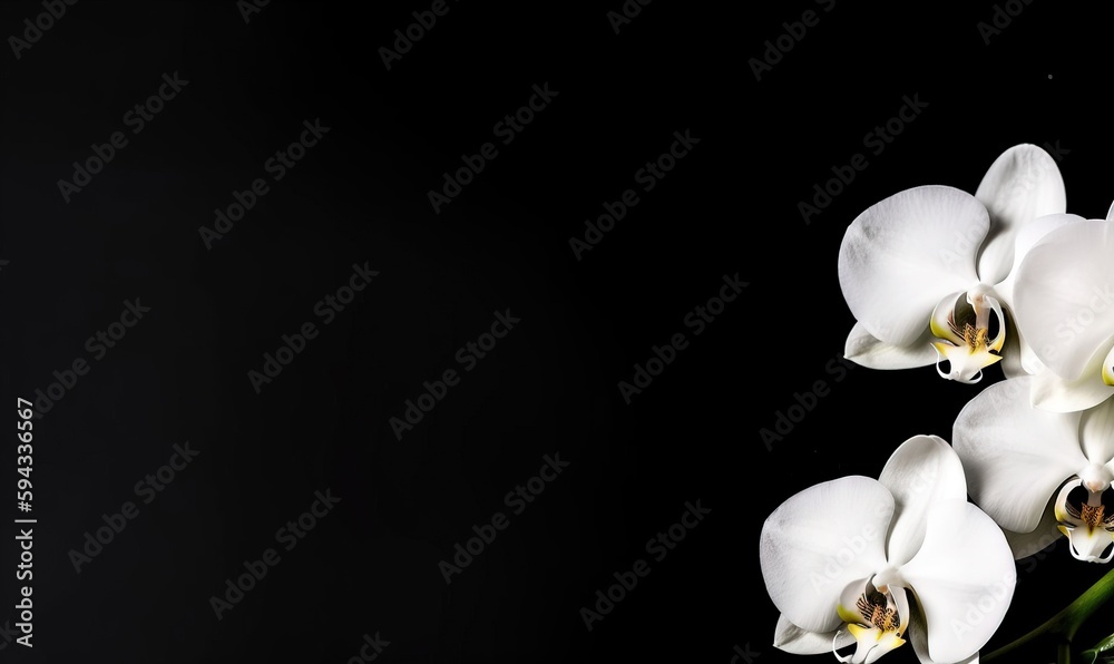  a group of white orchids on a black background with a space for a text or a picture to put on a car