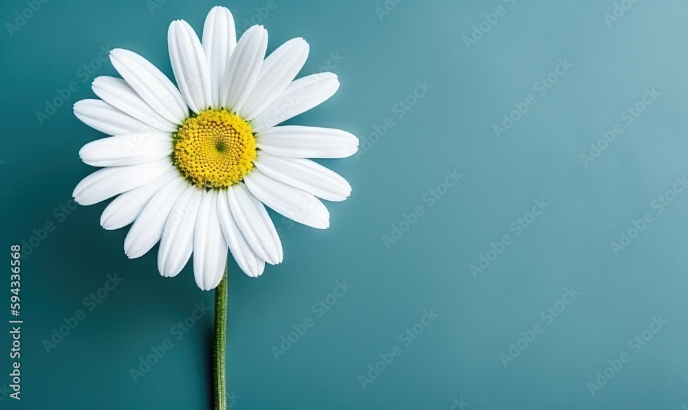  a single white daisy with a yellow center on a blue background with copy - up space in the middle o